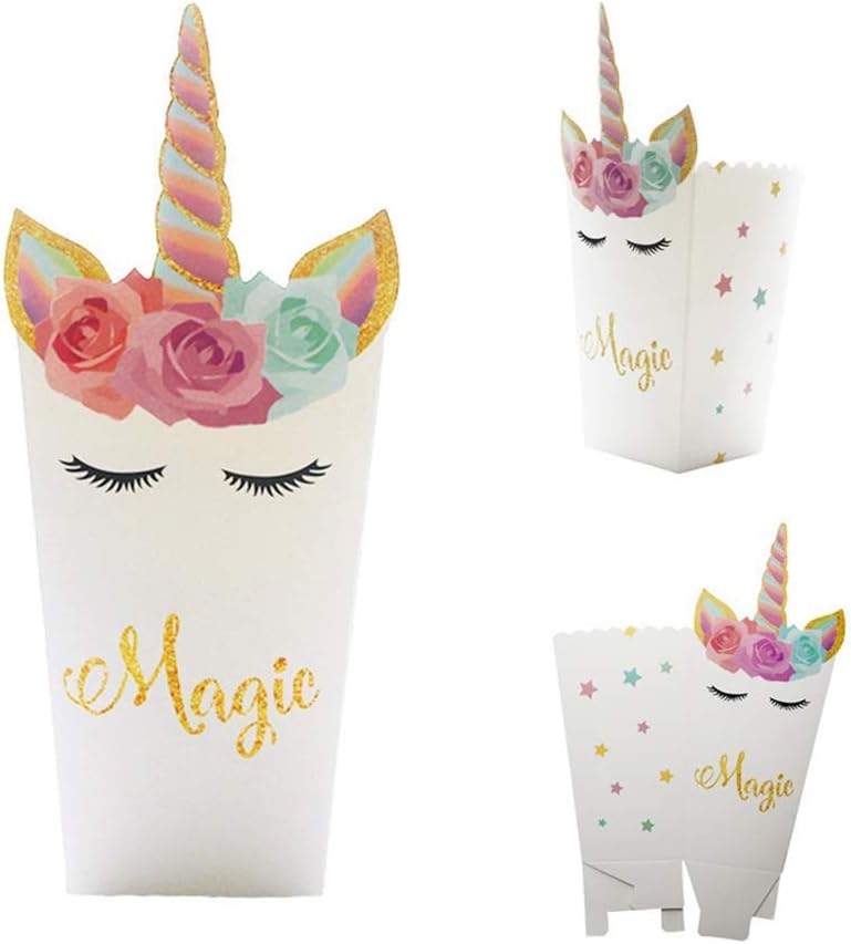 Polka Dot Sky Unicorn Magic Design Paper Popcorn Box Paperboard Holder for Children Birthday Party Decoration - Pack of 12