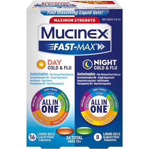 MUCINEX FAST-MAX LIQUID GELS FOR DAY/NIGHT COLD AND FLU, 24 COUNT