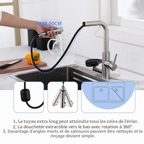 LakeBayMZC Kitchen Faucet, 360° Rotatable Extendable Kitchen Faucet, Double Jet Mixer, Brushed 304 Stainless Steel, for Kitchen Sink
