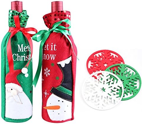 2 Pack Wine Bottle Cover Bag Set for Xmas Christmas Dinner Party Table Holiday Decoration Gift, with 6 Pcs Snow Coaster Bonus