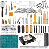 Caydo Leather Craft Tools Kit with Instructions, Leather Sewing Tools, Punch Tools, Rivets Tools, Stamping Set and Wooden Handle Nylon Hammer for Leather Craft and Saddle Making Tools