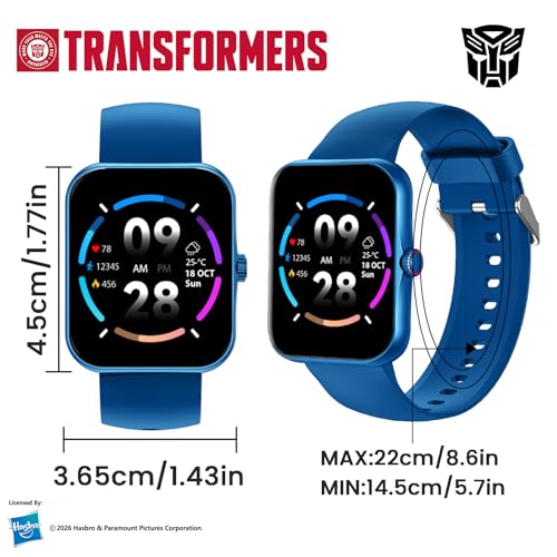 Transformers Reloj Inteligente Niños Hombre Mujeres, 1.83'' HD IP68, Llamadas-Bluetooth, con el Asistente de Voz, Monitoreo de Salud Calorías Sueño Podómetro, Música Notificaciones de Mensajes, Azul
