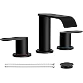 Homevacious Matte Black Waterfall Bathroom Faucet for Sink 3 Hole 8 Inch Widespread Bathroom Sink Faucets with Pop-up Drain Supply Lines Stainless Steel 2-Handle Bathroom Sink Faucet for Bath Vanity