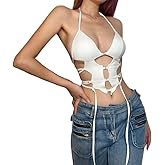 Women's Sexy Cut Out Deep V Neck Halter Crop Top Sleeveless Criss Cross Tank Top Tie Up Backless Cami Crop Top White