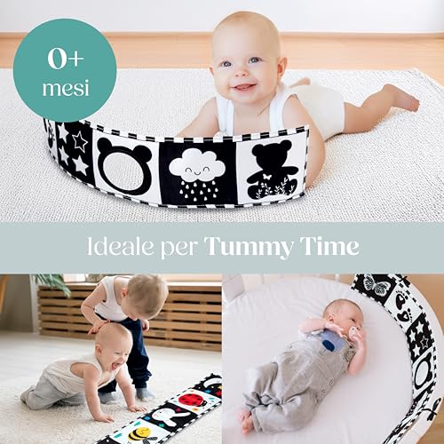 WELLODE Montessori Baby Sensory Book with Teddy Mirror – Black and White Book in Fabric, Montessori – Ultra Soft, Safe and Washable, Ideal for Visual Development and Tummy Time (0-12 Months)