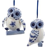 The Bridge Collection Delft Blue and White Owl Ornaments - Set of 2 - Porcelain Floral Bird Christmas Decor for Holiday