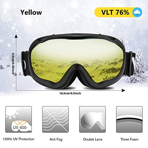 VELAZZIO Ski Goggles, Snowboard Goggles - Spherical Double Layer Anti-Fog 100% UV Protective Lens, Hydrophobic and Oleophobic Coating, Helmet Compatible, Medium Fit Snow Sports Goggles Men & Women