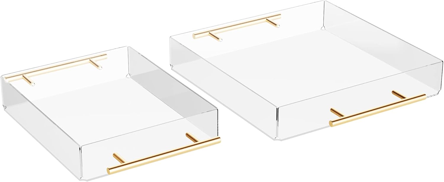 Acrylic Serving Tray with Gold Metal Handles, Set of 2 Decorative Trays, Food and Beverage Server, Lucite Tray, Home Décor, Acrylic Organizers and Storage (11x14)