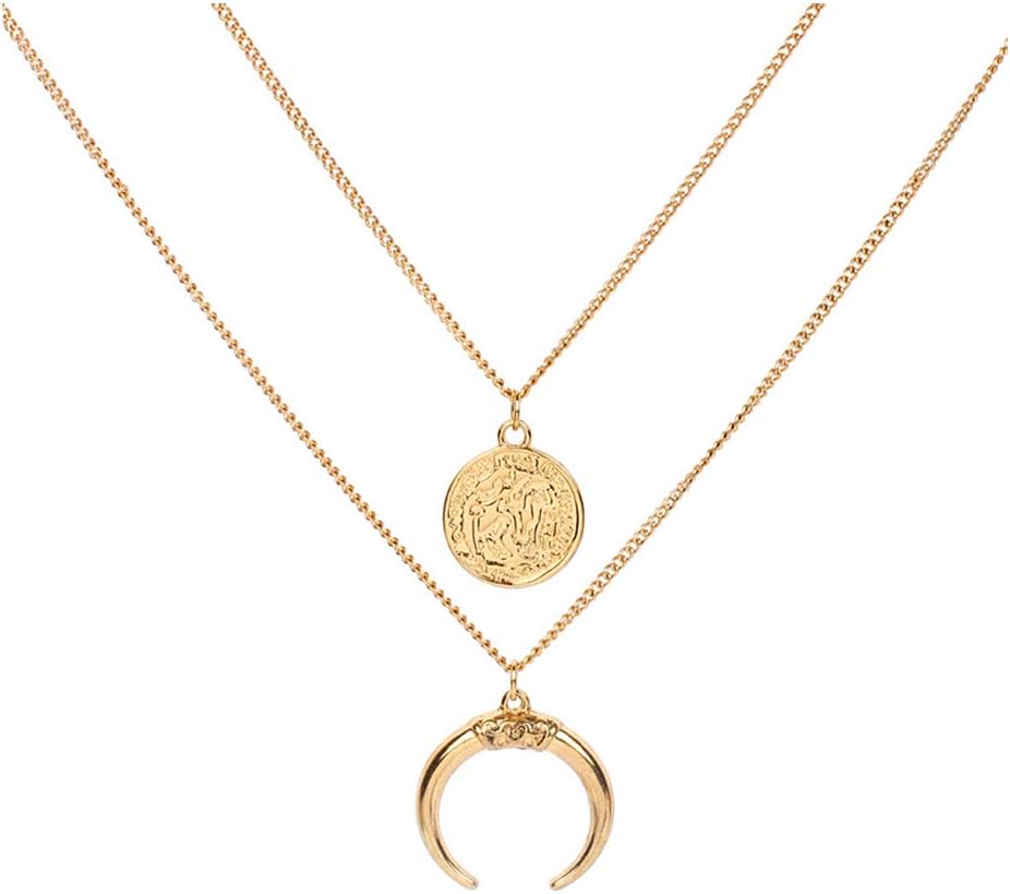 Layered Gold Moon Necklace for Women Dainty Long Chain Moon Coin Y-Necklace Gold Crescent Full Moon Pendant Necklace