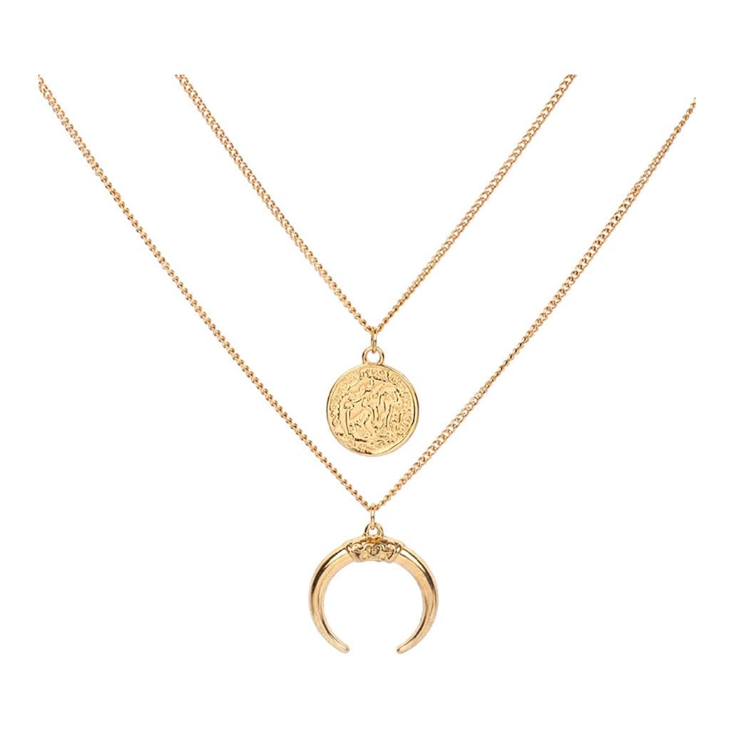 Eoumy Layered Gold Moon Necklace for Women Dainty Long Chain Moon Coin Y-Necklace Gold Crescent Full Moon Pendant Necklace