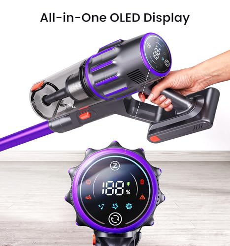 90Mins Cordless Vacuum Cleaner,Upgraded 650W 55KPA Cordless Stick Vacuum with Smart Display,1.8L Cup,V-Shaped Anti-Tangle Brush,Wall Mount Charging,Self-Standing Vacuum Cleaners for Home,Floor,Carpet