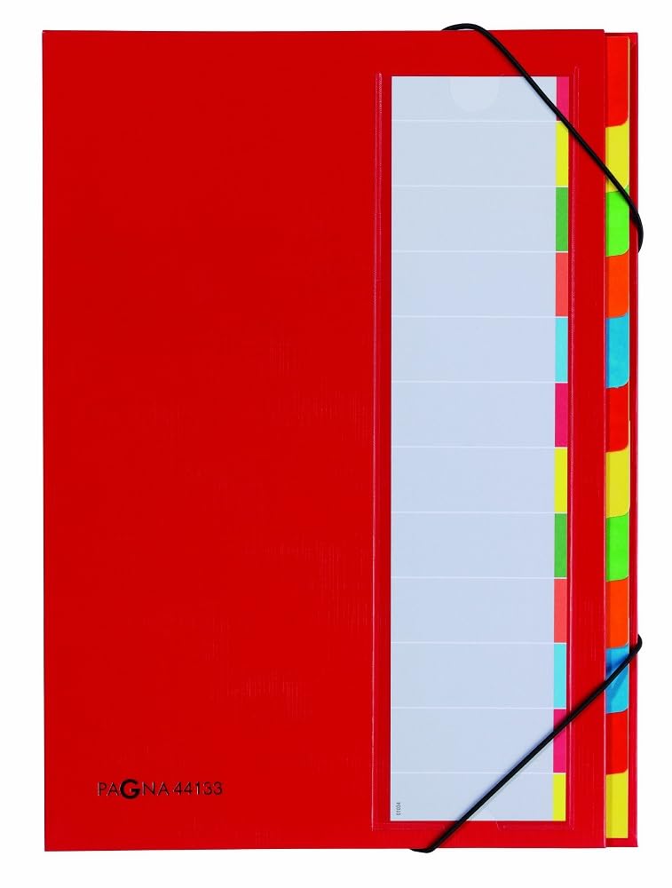 Pagna 44133-01 Desk Organiser 12 Coloured Divider Tabs Elastic Band Corners Flexible Back Cover Coloured Section List Red