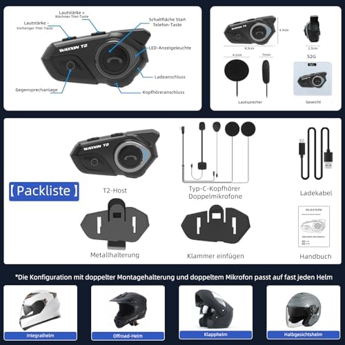 WAYXIN T2 Motorcycle Headset with Intercom, Helmet Communication System for 2 People in Range of 300 m, with Voice Assistant, Waterproof Hands-Free Calling, Music Call Control (1 Piece)