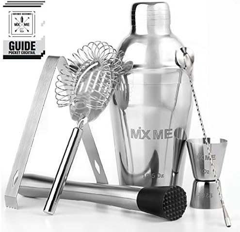 6 Piece Drink Mixer Set (Includes 18.5 Ounce Cocktail Shaker, Drink Muddler, Jigger & More) – The Perfect Martini Cocktail Shaker Set - No rust, No leak Stainless Steel – by MixMe