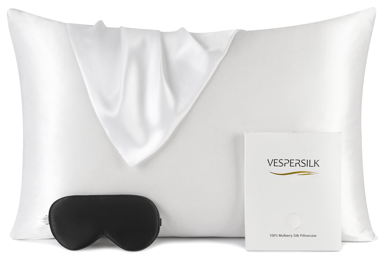 Vespersilk 100% Mulberry Silk Pillowcase & Eye Mask Set for Hair and Skin Health, 19 Momme Grade 6A Organic Silk Both Sides, with Hidden Zipper (Standard 50x75cm, White)