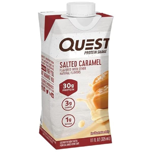QUEST NUTRITION PROTEIN SHAKE, SALTED CARAMEL, HIGH PROTEIN, LOW CARB, GLUTEN FREE, KETO FRIENDLY, 11 FL. OZ, 4 COUNT