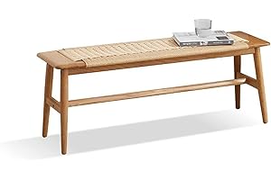 Wayshome 31.5'' Woven Dining Beach with 100% Solid Oak Wood Bench Frame, Hand Knitted Rope Designed Bed End Shoe Bench for Kitchen Bedroom Entryway, Beige
