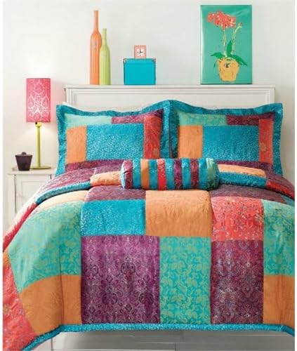 Amazon Com Bangalore 3 Piece Jewel Tone Multi Colored Mini Comforter Set With Accent Pillow Twin Home Kitchen