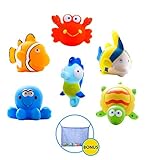 Large Educational Water Squirties Ocean Animals. 6-Pack. Bath Organizer Included. Fun Bathtub Mildew Resistant Floating Squirter Toys for Baby, Toddlers, Kids.