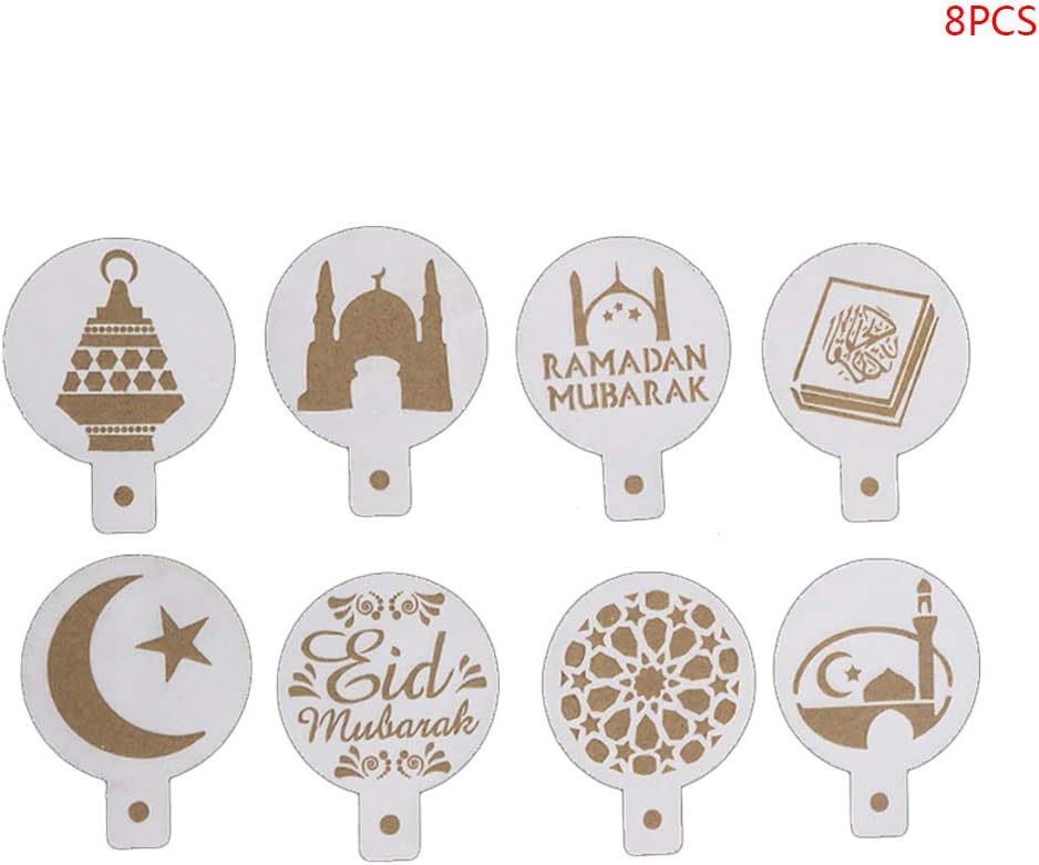 cici store 8 Pcs/Set Eid Mubarak Ramadan Plastic Coffee Spray Stencils,DIY Mould Cake Mold Decorating Template(8Pcs/Set)
