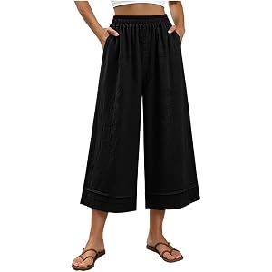 HYYGOCCTV Women's Elastic Waist Linen Wide Leg Capri Pants Drawstring Loose Cropped Summer Beach Vacation Capri Trousers