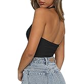 Artfish Women's Sexy Scoop Neck Halter Crop Top Backless Knit Rib Basic Cami Tank Tops