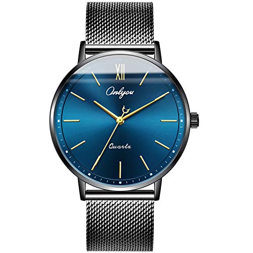 ONLYOU Men's Fashion Watches,Unique Face Design and 30m Waterproof,Analog Quartz Wristwatches with Stainless Steel Mesh Band (Blue)