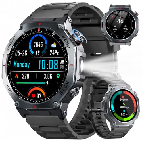 Smartwatch Herren GPS,1.43"AMOLED Militär Fitnessuhr mit Bluetooth Anrufe