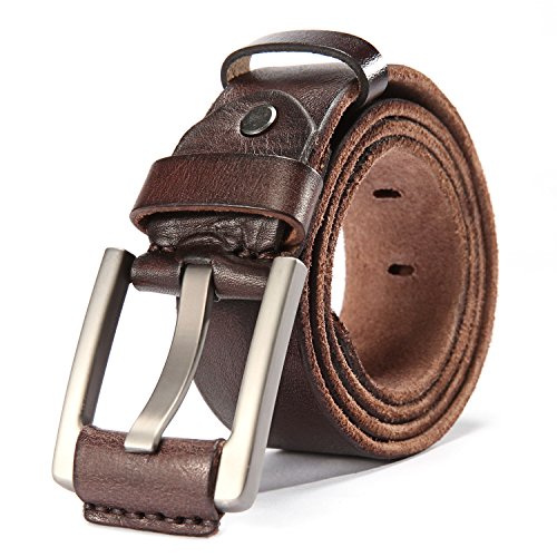 HYHZ 100% Full Grain Leather Belt Men,Anti-Scratch Buckle Waist Strap,Casual&Sports (Coffee)