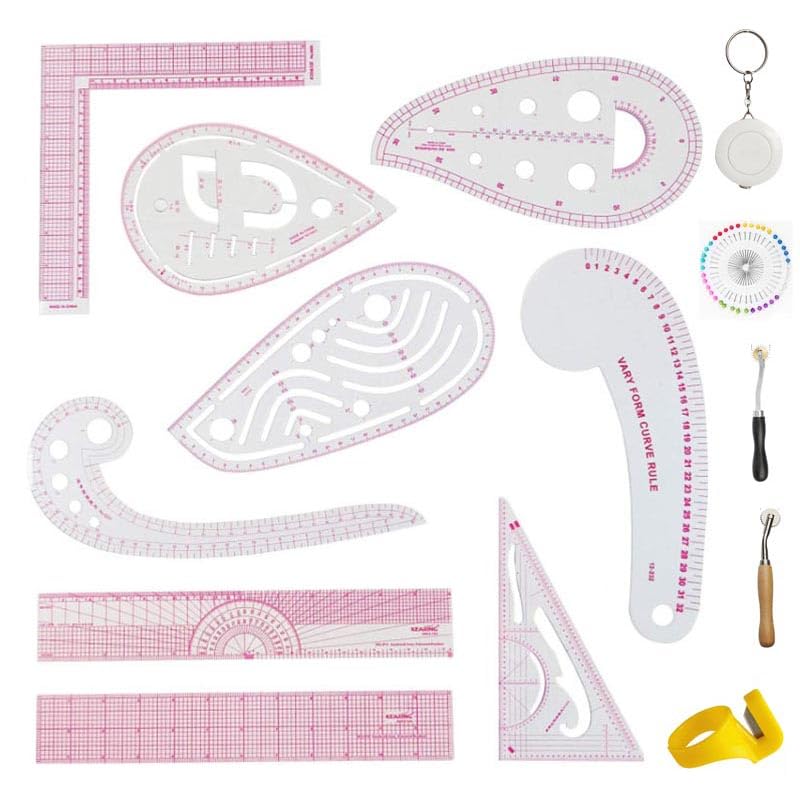 Sewing Ruler for Pattern Making 14 Pcs Set, 9 Transparent Rulers, 2 Tracing Wheels, Tape Measure, Perfect Tools for Beginners Tailors Designers