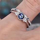 AZQ Fashion 2PCS 925 Sterling Silver Natural Sapphire Ring Round Cut Cubic Zirconia Promise Rings CZ Classical Eternity Engagement Wedding Band Ring Set for Women (US Code 7)