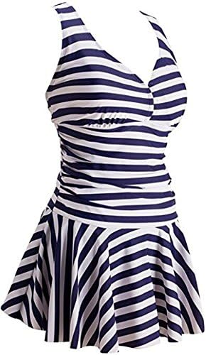 NINEWE Women's Plus-Size Swimsuit Shaping Body One Piece Swimdress Swimsuits Swimwear Blue Stripe US8-10