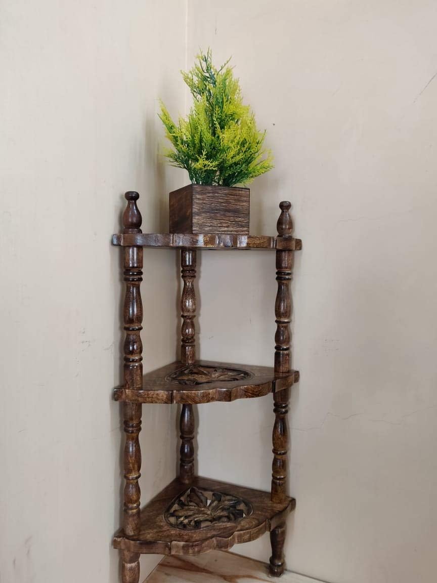FABULO Wooden Mini 3 Tier Corner Shelf Rack for Bedroom, Home and Living Room - Small Side Table or Stand - Cherry Finish