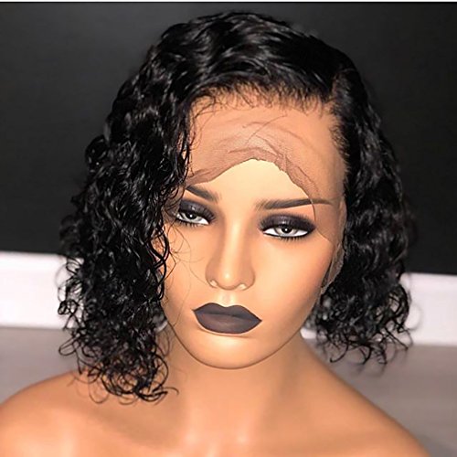 Fyonas Curly Wave Cut Bob Full Lace Wig Pre Plucked Bleached Knots Brazilian Human Virgin Hair Wigs with Baby Hair for Black Women 180% Density 12 inch