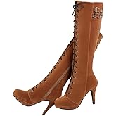 getmorebeauty Womens Knee High Boots Suede Buckle Rock Lace Up Zipped Thigh High Heel Boots