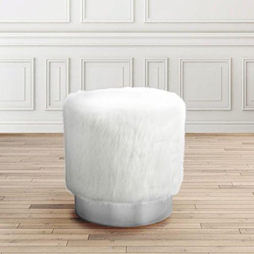 Uptown Club The Hart Collection Modern Faux Fur Upholstered Living Room Ottoman with Silver Steel Base, White