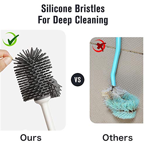 Joomoon Toilet Brush and Holder Set Good Grip Hideaway Compact Silicone Bristles Bathroom Cleaning Bowl Brush Kit with Rim Lip Toilet Bowl Brush and Holder Cleaner Set White