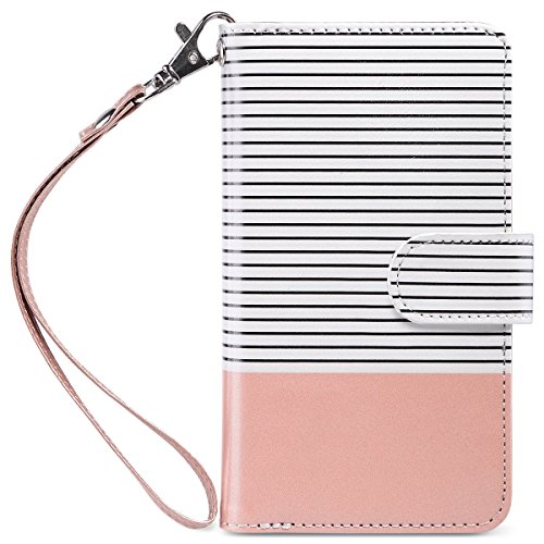 iPhone 8 Case, iPhone 7 Wallet Case, ULAK PU Leather iPhone 7 & 8 Wallet Case with Credit Card Slot Magnetic Closure Flip Wallet Case Cover for Apple iPhone 7/8 4.7 inch - Rose Gold/Black Stripe