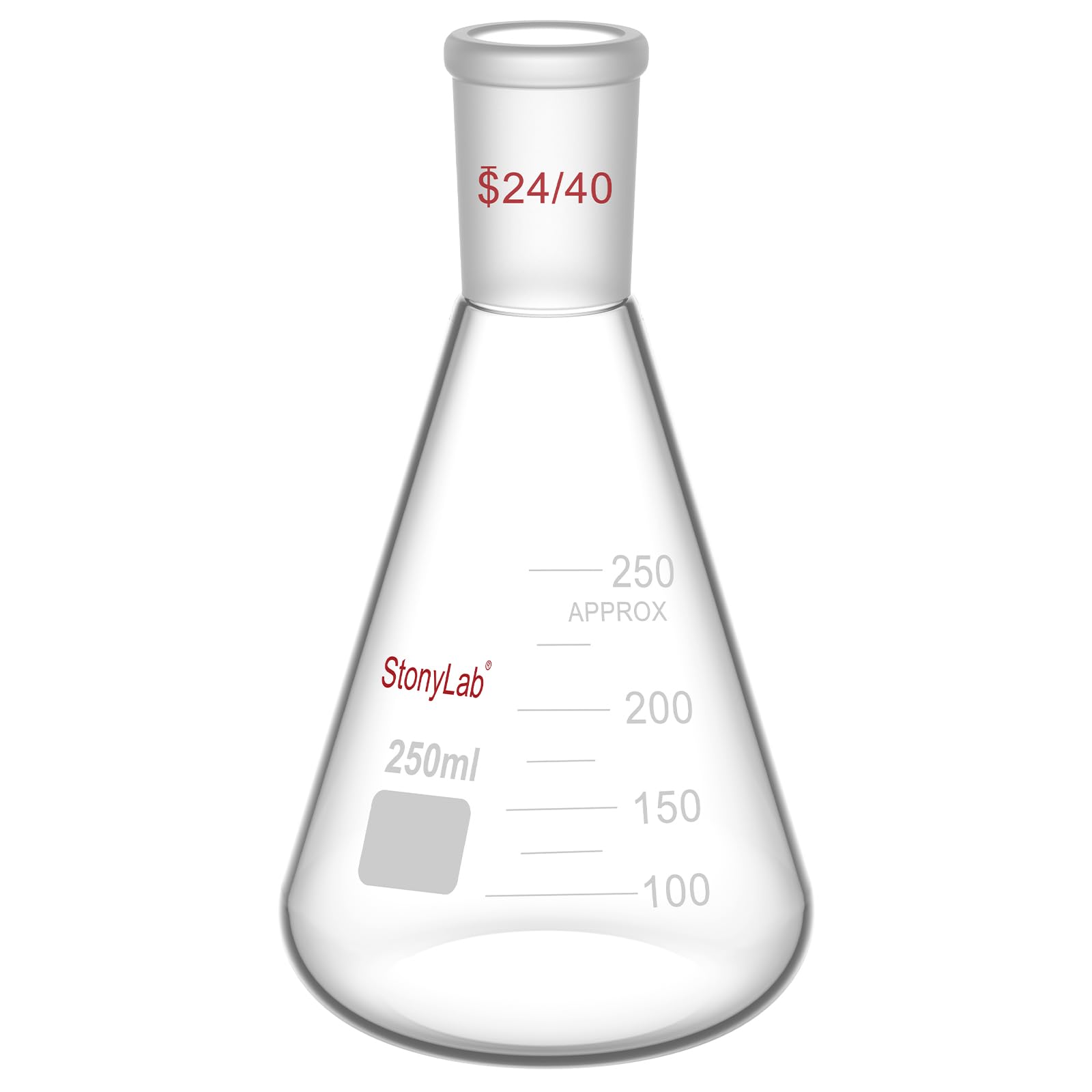 StonyLab Glass 24/40 Erlenmeyer Flask, Borosilicate Glass Heavy Wall Flask with 24/40 Standard Taper Outer Joint, 250ml