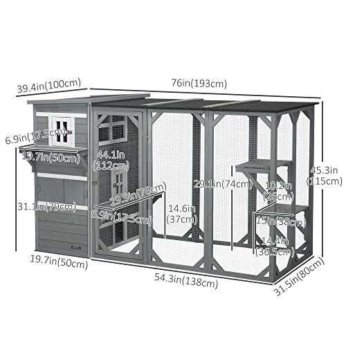 PawHut Wooden Cat Catio, 76" L Walk in Outdoor Cat House with Asphalt Roof, Platforms, Lockable Doors, 3-Tier Resting Condo, Observation Window, for 2-3 Cats, Light Grey