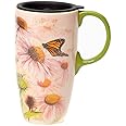 Topadorn Coffee Ceramic Mug Porcelain Latte Tea Cup With Lid 17oz,Novelty Coffee Mugs for Office & Home Pink