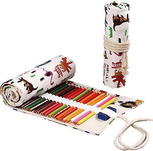 Colored Canvas 36 Slots Stylus Pencil Case/Pen Holder/Roll Up Wrap Pouch/Makeup Brush Carrying Bag Organizer Great Gifts for Artist Kids Adult Travel Drawing Coloring Pencil(1 Piece/Pack-Animal)