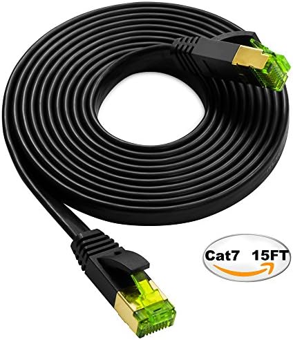 Cat7 STP Ethernet Cable 15ft Flat, iTLTL Shielded Stranded Copper Network Cable Slim Interenet Patch Wire for Modem/ Router/ LAN - 15 feet Black