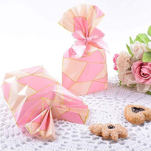 Woparty 100 Pack Clear Cello Bags 7.8x5.5x2.3 inch for Plastic Favor cellophane Treat Cookie Bags,Pink Geometric with Gold Twist Ties - Thumbnail 2