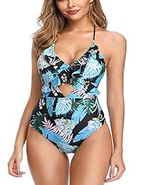 SelfieGo Halter Trajes de baño con control de barriga, diseño floral, cuello en V, una pieza, para dama