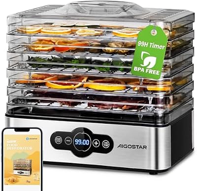 Crispy - Dörrautomat, Dörrgerät mit Temperaturregler, 240W, 35-70°C, 99h-Timer, 5 Einlegefächer, Dörrautomat Edelstahl für Fleisch, Obst, Gemüse, Dehydrator - BPA frei