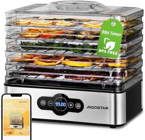 Crispy - Dörrautomat, Dörrgerät mit Temperaturregler, 240W, 35-70°C, 99h-Timer, 5 Einlegefächer, Dörrautomat Edelstahl für Fleisch, Obst, Gemüse, Dehydrator - BPA frei