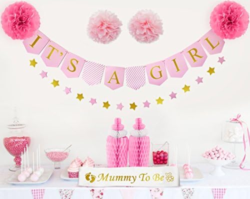 Baby Shower Decorations for Girl - It's a Girl Banner Pink and Gold, Baby Bottle Centerpieces, Star Garlands, Tissue Paper Pom Poms, Bonus Mommy Sash l Baby Girl Party Supply Kit