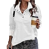 SHEWIN Women's Casual Long Sleeve Stand Neck Sweatshirt Lightweight Button Drawstring Pullover Tops