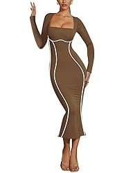 Lrady Women's Sexy Square Neck Bodycon Midi Dresses